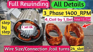 1.5 HP motor winding.3 Phase 1400 RPM 24 slot Induction motor rewinding.winding data connection