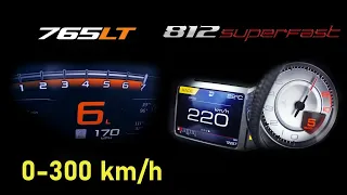 Mclaren 765 LT vs Ferrari 812 Superfast Acceleration Test 0-100 & 0-300 km/h