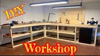 Workbench Build!!! How to build a corner workbench with a tool wall garage DIY
