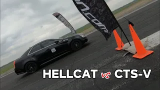 Stock Hellcat vs Cadillac CTS-V Standing Half Mile Drag Race Kansas Airstrip Attack 2021 1/2 Mile