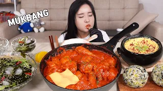 요리 먹방 :)로제 닭볶음탕에 날치알 왕주먹밥, 시원한 오이미역냉국~. rose chicken mukbang.