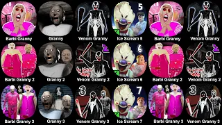 Barbi Granny 1+2+3, Granny 1+2+3, Venom 1+2+3, Ice Scream 5, Ice Scream 6, Ice Scream 7