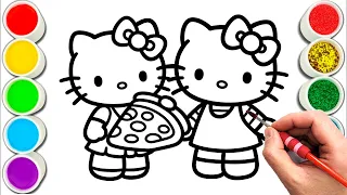 Hello Kitty and Mimmy with pizza Drawing Easy and Cute drawing easy with colours