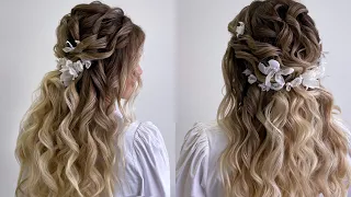 Half up half down hairstyle with flat iron curls. Wedding hairstyle