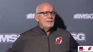 Lindy Ruff speaks before the Devils' game against the Buffalo Sabres