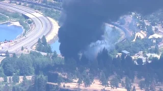 File: KGW's Sky 8 over an oil train derailment, spill & fire in the Gorge