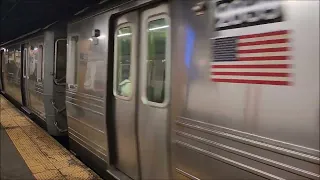 New York City type R68 Subway cars arriving at the 5th Ave station