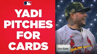 Yadier Molina PITCHES the entire 9th inning for the Cardinals! (Pujols helps him warm up!)