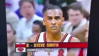 Steve Smith snaps at ref after the foul & gets T’d up- 1997. Phil Jackson & Rodman laugh afterwards.