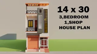 अब 14x30 में 3 Bedroom house plan,14*30 dukan or ghar ka design,small shop with house,3D shop PLAN