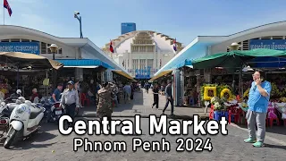 【KH】Walking Central Market in Phnom Penh | Cambodia Virtual Walking Tour | 2024