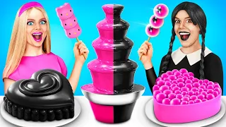 Wednesday Addams vs Barbie! Pink vs Black Food Challenge by Yummy Jelly