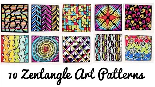 10 Easy Colourful Zentangle Art Patterns | Part -2 | Patterns for Beginners ( Time - Lapse )