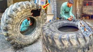 Hard working Young man Repairing Gaint Caterpillar Loader Tire | Heavy Duty LoaderTire Repair |