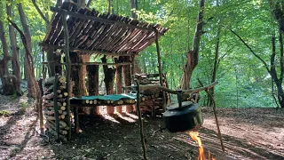 Building A Bushcraft Tiny House In The Woods With Hand Tools (Part 2) & Bushcraft Cooking