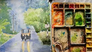 How to draw auto with landscape painting #viral #landscape #rainday #watercolor #outdoors #auto #art