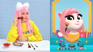 Cute Girl Imitating Angela Makeup - Who Will Be More Beautiful? - My Talking Angela 2 Catch Trend