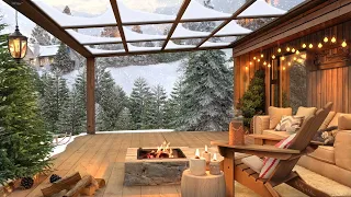 Winter Terrace with Cozy Outdoor Fireplace Ambience and Relaxing Sounds of Snow Falling