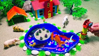 DIY tractor mini Farm Diorama with beautiful little lake | goat barn - cowshed | diy water pump idea