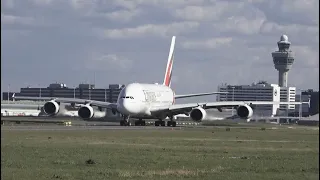 Emirates Airbus A380 departing AMS runway 36L