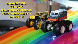 HOT WHEELS MONSTER TRUCKS RAINBOW ROAD TOURNAMENT - PART 1! MONSTER TRUCK DIE CAST RACING!