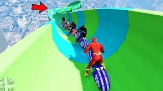 Franklin And Avengers Crazy Bike Water Slide Ramp Jump Challenge With All Flash in GTA 5