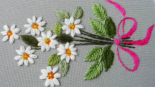 Hand Embroidery: Daisy flower 🌼 Very easy stitches * top embroidery