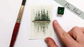 Beginner watercolor pine tree island painting tutorial » How to paint pine trees EASY step by step
