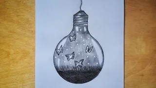 Creative light bulb drawing|Butterflies are flying in the bulb|Pencil drawings|Yaratıcı ampul çizimi