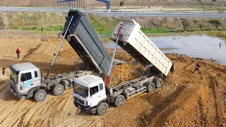 Best TeamWork Filling up land Process By Dump truck with Bulldozer Push soil into Mud Pit, Ep18