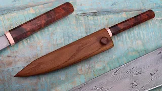 Damascus Japanese Honesuki kitchen/chef's knife with saya, turkish twist pattern - Knifemaking