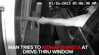 Surveillance footage of man attempting to kidnap barista at drive-thru window