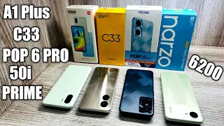 Redmi A1 Plus vs Realme C33 vs Pop 6 Pro vs Narzo 50i Prime - Best Under ₹9000 ?