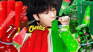 ASMR MUKBANG | RED GREEN CHEETOS, Watermelon Dessert ICE CREAM, HONEY JELLY, Chicken, Noodles