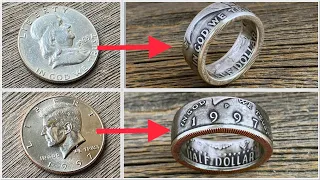 Making rings out of American Half Dollar coins. Franklin and Kennedy coin rings.