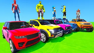 SPIDERMAN CARS Race Challenge on PUZZLE SEA Rampa ! SUPERHERO HULK Iron Man Goku Car Racing - GTA 5