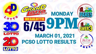 Lotto Result March 1 2021 (Monday), 6/45, 6/55, 3D, 2D | PCSO Lottery draw