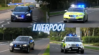 Police Interceptors, Merseyside Police Cars and Ambulances responding with siren and lights