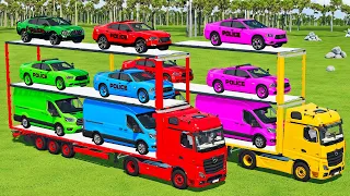 TRANSPORTING POLICE CARS, AUDI, CHEVROLET & FORD TRANSIT WITH MERCEDES TRUCK - Farming Simulator 22