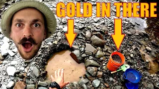 Gold Sluicing and panning Slab Hut Creek New Zealand, How To Find Gold At Your Campsite.