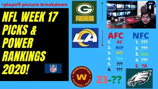 NFL Week 17 Picks + Playoff Picture Predictions/Breakdown and Week 17 Power Rankings 2020!!