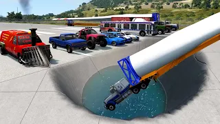 BeamNG Drive - Cars and Trucks crashing into giant hole
