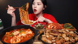 SUB)Spicy Soft Tofu Ramyeon with Various Types of Grilled Intestines Mukbang Asmr Eating Sounds