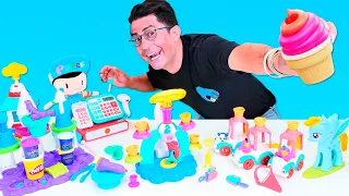 Play Doh oyun hamuru ile Pepee, Şila ve Nail Baba dondurma dükkanı açıyorlar! Dondurma yapımı