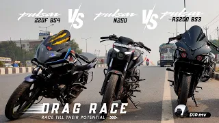 Pulsar N250 vs RS200 bs3 vs Pulsar 220F bs4 | DRAG RACE | D10MV