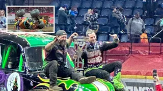 Monster truck trying to do a backflip big crash and grave digger taking the championship