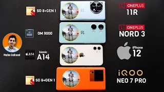 IQOO Neo 7 Pro vs iPhone 12 vs OnePlus Nord 3 vs OnePlus 11R Bgmi Test | OnePlus Shocked me 😲