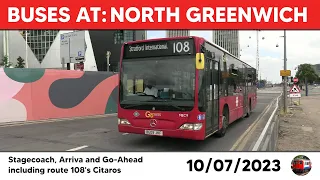 London buses at North Greenwich 10/07/2023