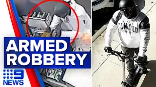 Masked e-scooter rider holds up Melbourne post office with large knife | 9 News Australia