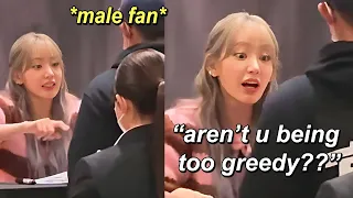 Sakura being too straightforward with this male fan during fansign event (he's too stunned to speak)
